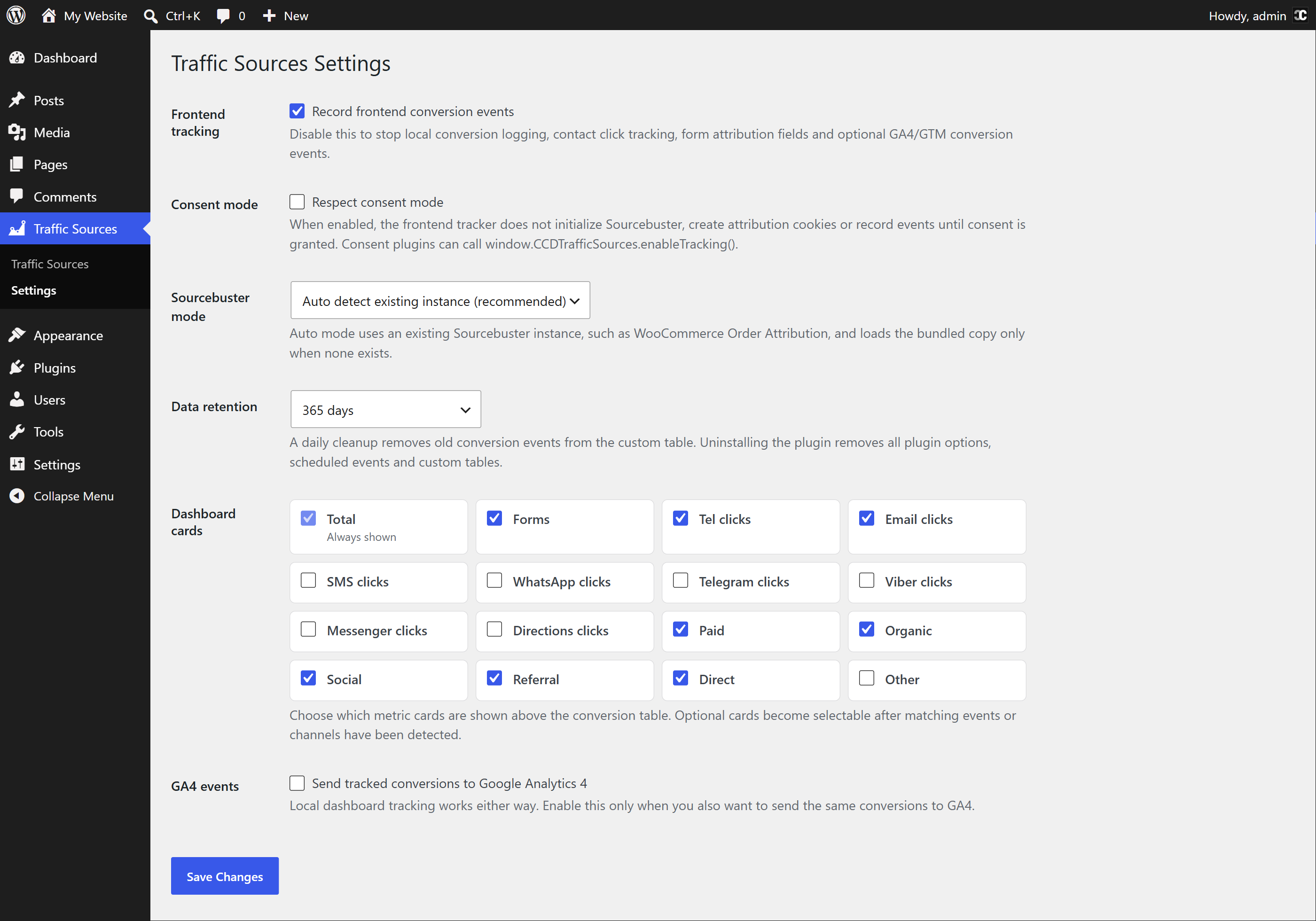Traffic Sources settings στο WordPress admin